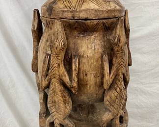 Carved African Wooden Rice Container with Lid and Figurative Motifs