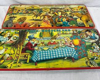 Two 20in by 9in Metal Watercolor Paint Boxes with Western and Alice in Wonderland Themes