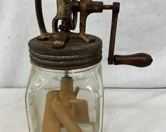 Vintage Glass Butter Churn with Hand-Crank Metal Lid and Wooden Paddles