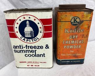 Two Vintage Metal Cans: Capitol 1-Gallon Anti-Freeze & Summer Coolant and Kidde Dry Chemical Powder