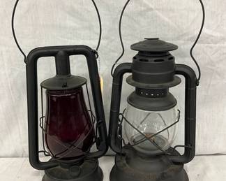 Dietz Oil Lanterns with Red and Clear Glass Globes