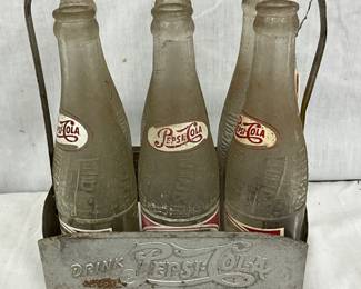 Pepsi-Cola Six-Pack Glass Bottles with Metal Carrier