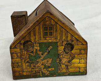 Tin Lithographed Log Cabin Bank by J. Chein & Co., 3 Inches