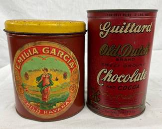 Two Collectible Tin Containers: Emilia Garcia Tobacco and Guittard Chocolate
