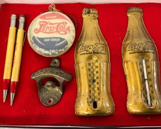 Pepsi-Cola & Coca-Cola Collectibles Lot Including Bottle Thermometers, Bottle Opener, and Pens