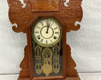 Carved Wood Mantel Clock with Reverse Painted Glass Panel