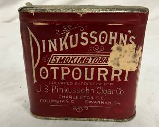 Unopened Early 1910 Pinkussohn’s Potpourri Tin Cigarette Can, 15-Cent, 3 1/2 x 3 Inches