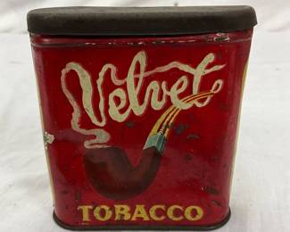 Early Velvet Pipe Tobacco Tin Can with Hinged Lid, 3 1/2 x 3 1/2 Inches