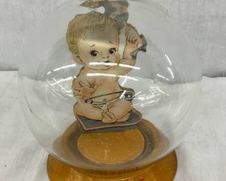 7-Inch Glass Coin Bank with Baby Motif on Wooden Base