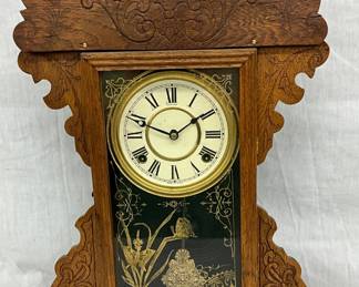 Oak Mantel Clock with Reverse-Painted Glass Panel and Roman Numeral Dial