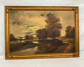 Landscape Oil Painting Titled ‘Winding Stream’ by A. Spencer, 36 x 24 in., Gilt Frame
