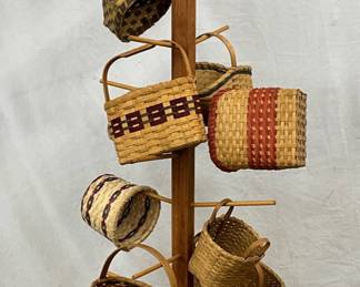 Wooden Basket Stand With Assorted Handmade Woven Baskets