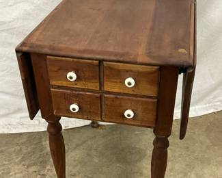 Drop-Leaf Wooden Side Table with Four Drawers and Turned Legs