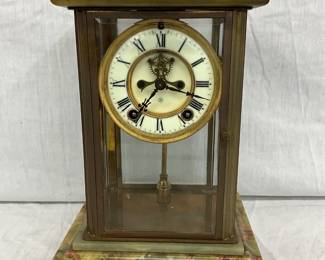 Brass and Green Onyx Mantel Clock with Glass Panels and Roman Numeral Dial