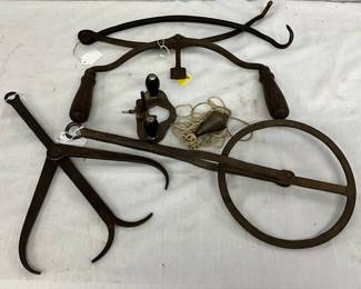 Iron and Steel Hand Tools Including Calipers, Brace, and Plumb Bob