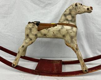 Early Hand-Painted Wooden Rocking Horse on Red Base, 42in x 24in