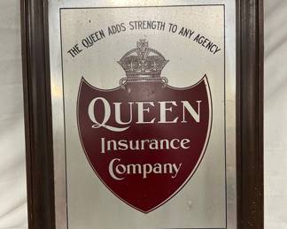 Framed Early Metal Tin Queen Insurance Company Sign, 22 1/2 x 28 1/2 Inches