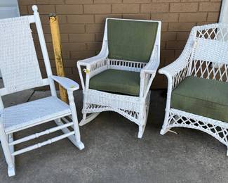 Three White Wicker Rocking and Arm Chairs with Green Cushions