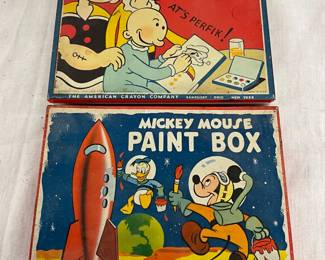 2 Vintage Metal Paint Boxes: Popeye by American Crayon Company and Mickey Mouse
