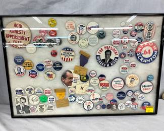 Framed Collection of U.S. Political Campaign Buttons Featuring Nixon, Ford, McGovern, and Others