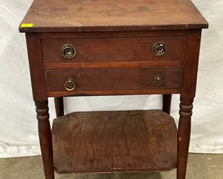 Wooden Two-Drawer Side Table with Lower Shelf and Turned Legs