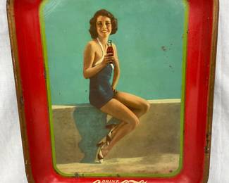10 1/2in x 13in Coca-Cola Tin Serving Tray Featuring Seated Woman in Swimsuit