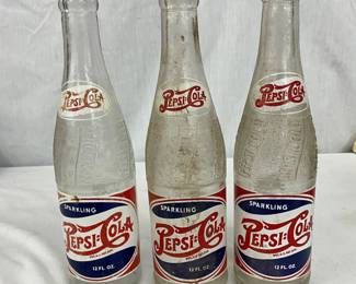 Three Vintage Pepsi Cola Glass Bottles, 12 FL. OZ.
