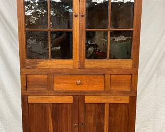 1800 Walnut Primitive Corner Cupboard with Old Glass and Single Drawer