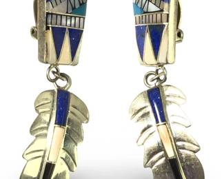 Pair Sterling Silver Navajo Inlay Clip on Earrings