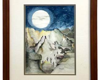 Signed Stewart âLunar Limerance" Watercolor