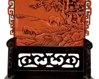 Chinese Carved Cinnabar Red Lacquer Table Screen