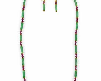 Jade and Glass Beaded Necklace and Earrings