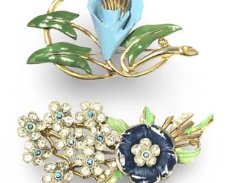 2 Alluring Enamel Rhinestone Floral Brooches