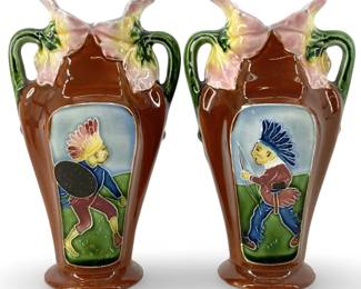2pc Ceramic Painted Native American Majolica Vases