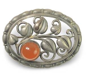Vintage Art Nouveau Silver Carnelian Floral Brooch