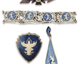 4pc Siam Niello Sterling Pendant, Pins, & Bracelet