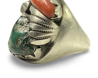 PJT Native American Silver Turquoise Coral Ring