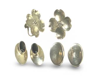 3 Pair Sterling Silver Onyx Floral Earrings