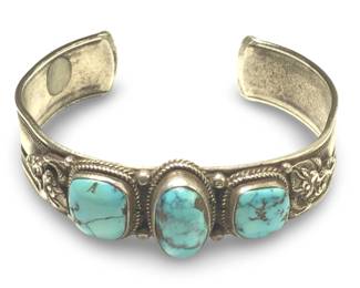 3 Stone Turquoise Silver Native Cuff Bracelet