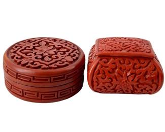2pc Small Chinese Carved Cinnabar Trinket Boxes