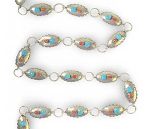 Native American Silver Turquoise Coral Concho Belt