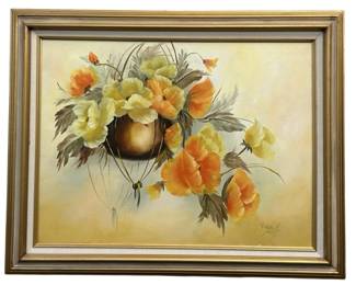 Signed Virgil Moss Flower Pot Oil on Canvas