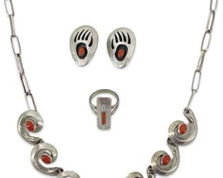4pc Sterling and Coral Necklace, Earrings, & Ring