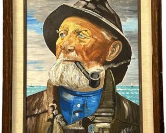 Signed Fisherman Portrait Acrylic on Canvas