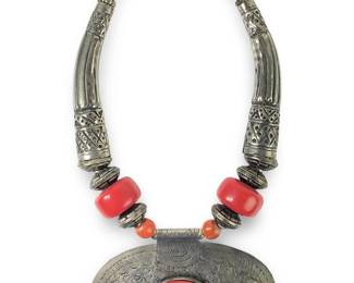 Massive Red Coral Oxidized Silver Necklace