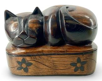 Hand Carved Wooden Sleeping Cat Hox