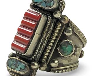 Native American Silver Turquoise Coral Ring