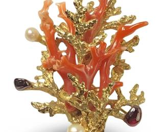 Vintage Swoboda Red Coral Gold Tone Gem Brooch