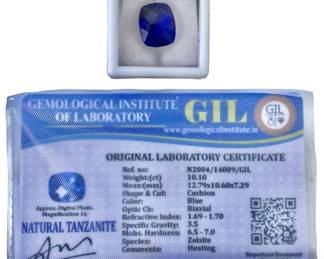 GIL 10.1ct Cushion Cut Natural Tanzanite Gem