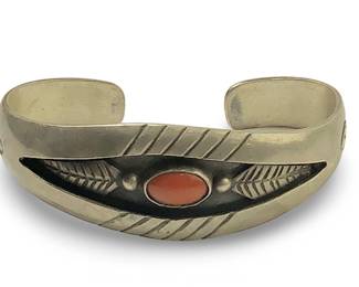 Native American Silver Coral Cuff Bracelet